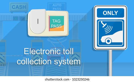 Toll tag trip security IOT receiver transmitter smart network data sign charge fee auto city easy cash exit rush hurry hours travel paid card NFC RFID jam money signal urban car fast pay way delay