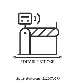 Toll and ticketing pixel perfect linear icon. Remote access to gate entrance. Internet of Things. Thin line illustration. Contour symbol. Vector outline drawing. Editable stroke. Arial font used