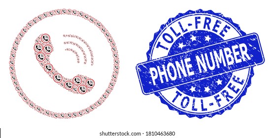 Toll-Free Phone Number corroded round seal and vector recursive collage telephone call. Blue stamp seal includes Toll-Free Phone Number caption inside round shape.
