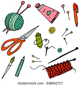 Tolls for hand made and hobby, handdrawn vector illustration. Set with needles, pins, scissors, paint,pen, brush