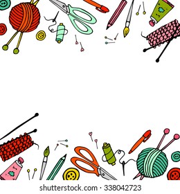 Tolls for hand made and hobby, handdrawn vector illustration. Set with needles, pins, scissors, paint,pen, brush. Could be used for project cover. Made with clipping mask