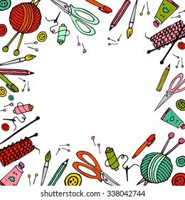 Tolls for hand made and hobby, handdrawn vector illustration. Set with needles, pins, scissors, paint,pen, brush. Could be used for project cover. Made with clipping mask