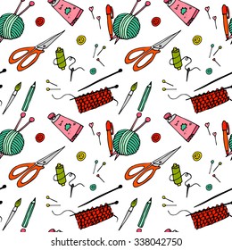 Tolls for hand made and hobby, handdrawn vector seamless pattern. Set with needles, pins, scissors, paint,pen, brush