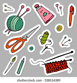 Tolls for hand made and hobby, handdrawn vector stickers. Set with needles, pins, scissors, paint,pen, brush