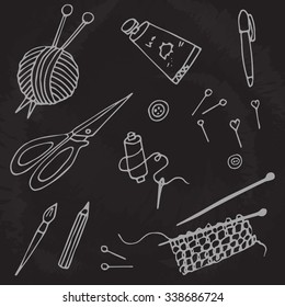 Tolls for hand made and hobby, handdrawn vector illustration. Set with needles, pins, scissors, paint,pen, brush. Chalk art on blackboard