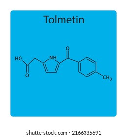 Tolmetin molecular structure, flat skeletal chemical formula. NSAID drug used to treat rheumatoid arthritis, osteoarthritis. blue background Vector illustration.
