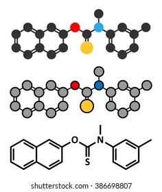 Tolnaftate antifungal drug molecule. Stylized 2D renderings and conventional skeletal formula.