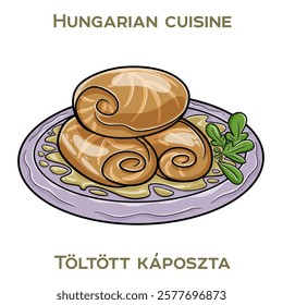 Toltott kaposzta is a traditional Hungarian dish featuring stuffed cabbage rolls filled with a savory mixture of ground meat and rice, simmered in a rich tomato sauce.