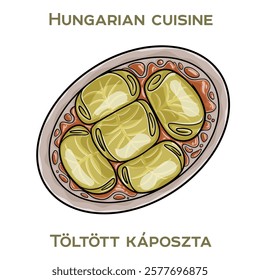 Toltott kaposzta is a traditional Hungarian dish featuring stuffed cabbage rolls filled with a savory mixture of ground meat and rice, simmered in a rich tomato sauce.