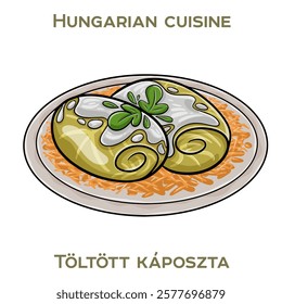 Toltott kaposzta is a traditional Hungarian dish featuring stuffed cabbage rolls filled with a savory mixture of ground meat and rice, simmered in a rich tomato sauce.