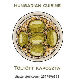 Toltott kaposzta is a traditional Hungarian dish featuring stuffed cabbage rolls filled with a savory mixture of ground meat and rice, simmered in a rich tomato sauce.