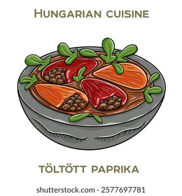 Toltott paprika is a traditional Hungarian dish featuring bell peppers stuffed with a savory mixture of ground meat, rice, and spices, often served with a tangy tomato sauce.