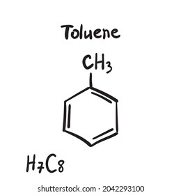 Toluene molecule formula. Hand drawn imitation of toluol structural model, aromatic hydrocarbon isomer chemistry skeletal formula, sketchy vector symbol