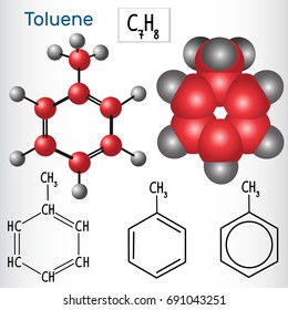 Toluene molecule - structural chemical formula and model. Vector illustration

