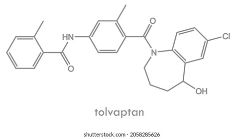 Estructura tolvaptán, inhibidor selectivo del receptor de vasopresina V2, molécula diurética del fármaco. Fórmula esquelética.