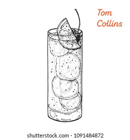 Tom Collins cocktail illustration. Alcoholic cocktails hand drawn vector illustration. Sketch style. 