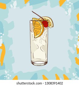 Tom Collins cocktail illustration. Alcoholic classic bar drink hand drawn vector. Pop art