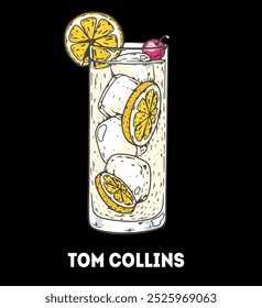 Tom Collins cocktail illustration. Hand drawn sketch. Vector illustration. Isolated object.