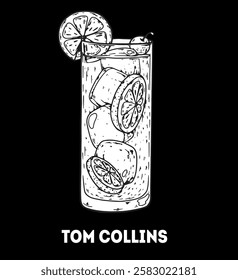 Tom Collins cocktail illustration. Hand drawn sketch. Vector illustration. Isolated object.