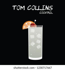 Tom Collins Cocktail Illustration in vector with orange wedge and cherry garnish on square black background.