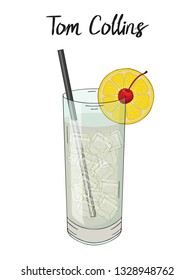 Tom Collins cocktail, with orange, straw and cherry. Hand drawn. Isolated image. Vector illustration.