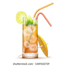 Tom Collins Cocktail Served In The Slightly Highball Glass With Color Straws, Umbrella, Mint Leaves And Ice Cubes. Front View. 3d Photo Realistic Vector Illustration Isolated On Transparent Background