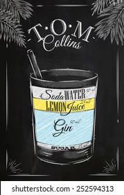 Tom Collins cocktail in vintage style drawing with chalk on blackboard