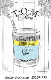 Tom Collins cocktail in vintage style drawing on wooden boards