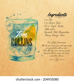 Tom Collins cocktails drawn watercolor blots and stains with a spray, including recipes and ingredients on the background of kraft