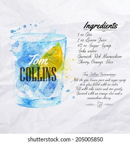 Tom Collins cocktails drawn watercolor blots and stains with a spray, including recipes and ingredients on the background of crumpled paper