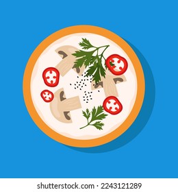 Tom kha kai with mushrooms, pepper and coconut milk. Spicy and sour Thai soup on blue background.
