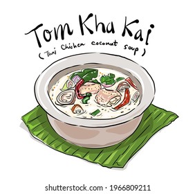 Tom Kha kai: Thai chicken coconut soup. Delicious Thai food vector illustration on white background.