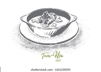 Tom kha kai, traditional thai cuisine, hot sour spicy soup with coconut milk, mushrooms and shrimp, exotic meal. Delicious eastern dish, tasty dinner concept sketch. Hand drawn vector illustration