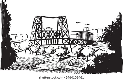 Tom McCall Waterfront Bridge ink sketch. American landmarks. Park landscape vector drawing. Isolated black and white illustration. 