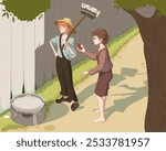 Tom sawyer paints fence and bargains for red apple book illustration. Vector cartoon
