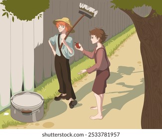 Tom sawyer paints fence and bargains for red apple book illustration. Vector cartoon