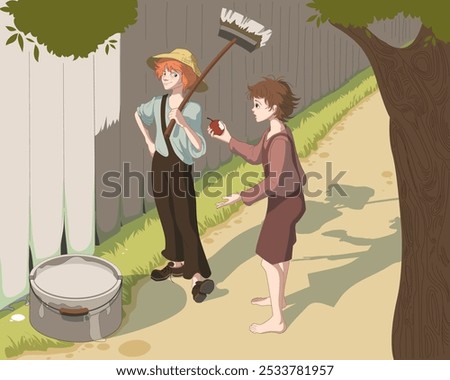 Tom sawyer paints fence and bargains for red apple book illustration. Vector cartoon