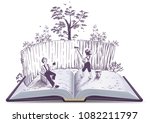 Tom Sawyer paints fence open book illustration. Vector isolated on white