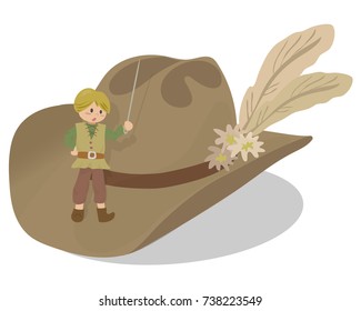 Tom Thumb vector cartoon. Tom Thumb illustration for  story and fairy tale book. Little boy standing on hat.  