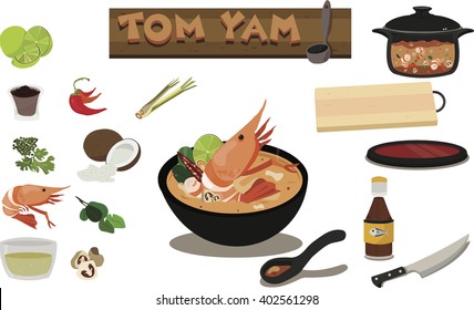 Tom Yam con ingredientes y equipo de cocina, comida tradicional tailandesa.