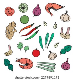 "Tom Yam Kung" ingredients hand drawn illustration vector