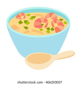 Tom Yam Kung spicy soup/Tom kha kai on ceramic bowl with spoon/Chicken and galangal in coconut milk soup/Thai food cartoon style/National thai food soup with shrimp. Isolated vector, white background