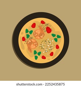 Tom Yam kung Spicy Thai soup with shrimp, seafood, coconut milk and chili pepper in bowl copy space. Food illustration, Food Cartoon.