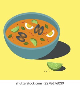 Tom yam with oysters. Illustration of Asian food