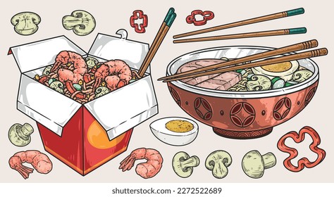Tom yam set colorful stickerswith ingredients and chopsticks near plate and paper box filled with Asian soup vector illustration