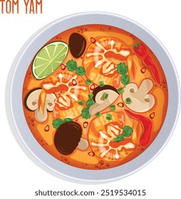 Tom Yam Soup Bowl Top View. Shrimps, Button Mushrooms, Kaffir Lime Leaves, Cilantro, Chili Peppers and Lemon Wedge in Broth. Thai Hot and Sour Soup Illustration 