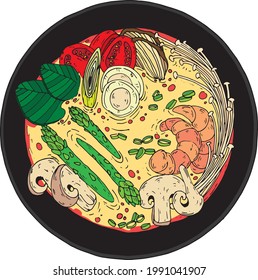 tom yam soup with seafood, mushrooms and tomatoes in a black plate on a white background