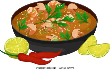 Tom es una sopa de yam con camarones, setas shiitake, pimientos calientes, cal, semillas de sésamo y hierbas. Ilustración alimentaria. Ilustración vectorial. Comida asiática 