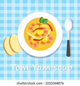 The Tom Yam Soup. The view from the top. Traditional Thai soup with shrimps and spices. Cartoon. Vector.