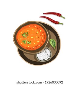 Tom yam soup, tom yum kung asian food, rise, hot chili pepper, top view plate. Vector illustration